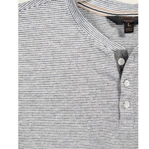 Outpost Makers Mens Henley Shirt‎ Size L Navy Gray Stripe Short Sleeve Casual